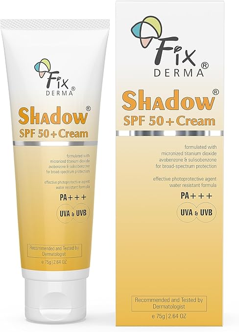 Fixderma shadow SPF 50+ cream, Offers PA+++ Protection, Broad spectrum UV Protection, Provides Moisturization, Water resistant and Non-greasy sunscreen, Suitable for all skin types - 75gm