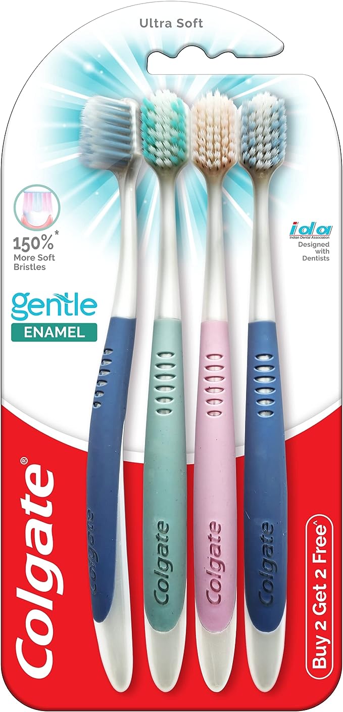 Colgate Gentle Enamel Ultra Soft Bristles Manual Toothbrush for adults, 4 Pcs (Buy2 Get 2), Soft Bristles for Enamel Care,Multicolor