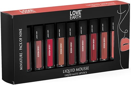 Love Earth Liquid Mousse Lipstick Combo Kit | Lightweight, Non-Sticky, Non-Drying,Transferproof, Waterproof Lipstick Set | Lasts Up to 12 hours with Vitamin E and Jojoba Oil (2ml X 9) 18ml