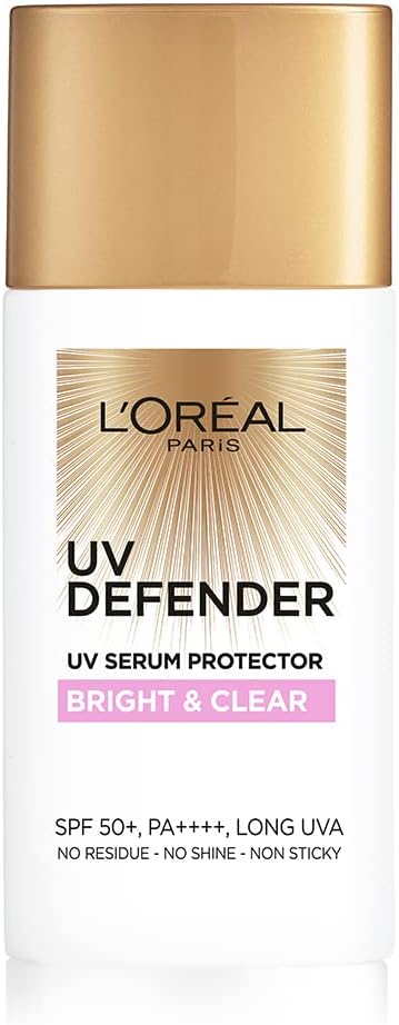 L’Oréal Paris Sunscreen, Non-Greasy, Brightening Sunscreen With Niacinamide, UVA & UVB Protection, With SPF 50 PA+++, Bright & Clear, UV Defender Serum Protector, 50 ml