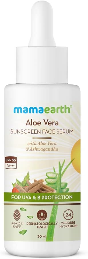 Mamaearth Aloe Vera Sunscreen Face Serum with SPF 55, with Aloe Vera & Ashwagandha for UVA& B Protection - 30 ml