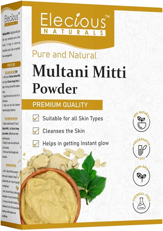 Elecious 100% Natural Multani Mitti powder for Face, Skin and Hair| Fuller's Earth, Bentonite Clay (200 Grams)