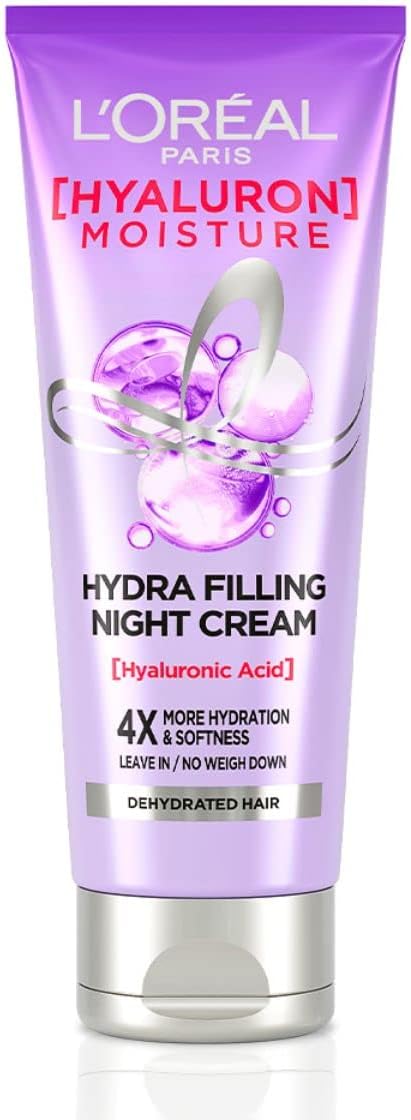 L'Oreal Paris Filling Night Cream, Leave In Hair Cream with Hyaluronic Acid, For Dry & Dehydrated Hair, Adds Shine & bounce, Hyaluron Moisture 72H Hydra, 180ml