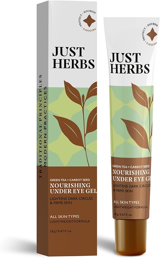 Just Herbs Nourishing Under Eye Gel Cream For Dark Circles, Eye Puffiness, Fine Lines & Wrinkles With Green Tea & Carrot Seed -For Men & Women 20g