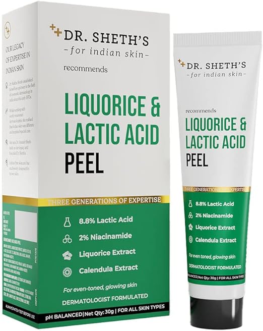 Dr. Sheth's Liquorice & 8.8% Lactic Acid (AHA) Chemical Peel For Even-Toned, Glowing Skin With 2% Niacinamide, Calendula Extract, AHA Peeling Solution For Face, Chemical Exfoliator For Unisex, 30g