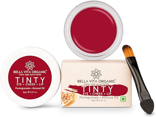 Bella Vita Organic 3 in 1 Pomegranate Tinty - Lip, Eye & Cheek Tint & Blush with Free Applicator for Deep Moisturizing & Nourishing with Almond Oil & Shea Butter, 8g