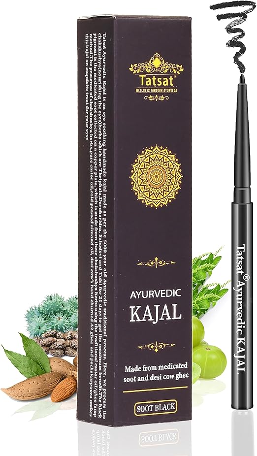 TATSAT-100% Natural Ayurvedic herbal kajal kohl Pencil with Herbs to nourish eyes,Medicated Soot,Desi Cow Ghee & Almond oil | No Preservatives | No chemicals | No irritation | Soot black |