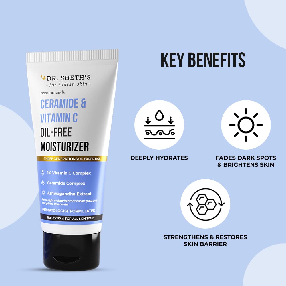 Dr. Sheth's Ceramide & Vitamin C Oil - Free Moisturizer| Lightweight Moisturizer to Hydrate & Brighten Skin | With Vitamin C, Ceramide & Ashwagandha | For Women & Men | 50g