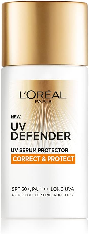 L'OREAL PARIS UV Defender Serum Protector Sunscreen SPF 50 PA+++, Correct & Protect | Non-Greasy, Anti-Ageing Sunscreen With Vitamin C | UVA & UVB Protection, 50 ml