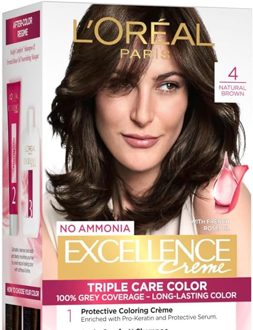 L'Oréal Paris Excellence Creme Hair Color, 4 Natural Brown/Natural Dark Brown, 72 ml+100g