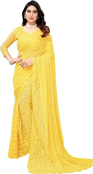 Yashika Womens Solid Net Saree With Blouse Piece