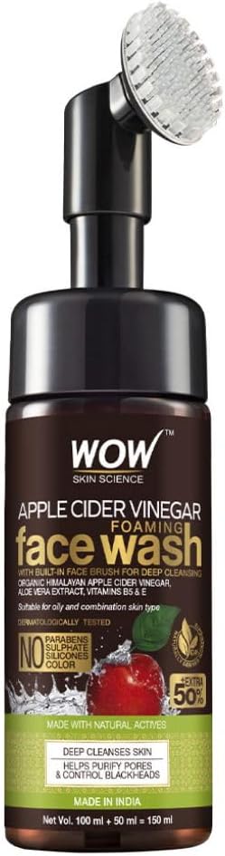 WOW Skin Science Apple Cider Vinegar Foaming Face Wash - No Parabens, Sulphate, Silicones & Color (with Built-in Brush) - 150ml