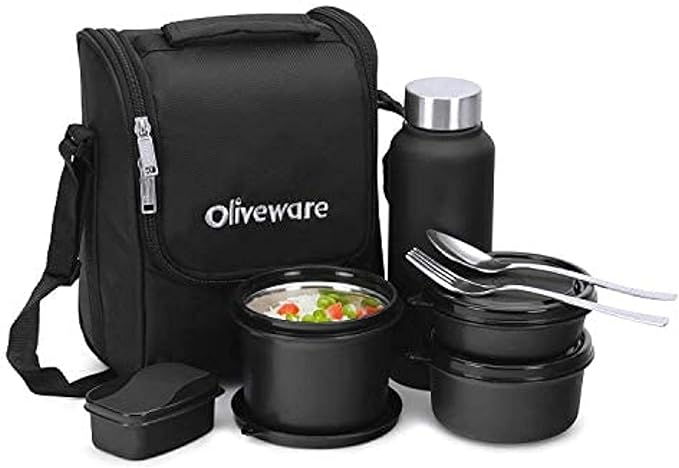 OLIVEWARE Teso Pro Lunch Box | 3 Stainless Steel Containers | Plastic Pickle Box | Steel Spoon & Fork | Microwave Safe (Black)