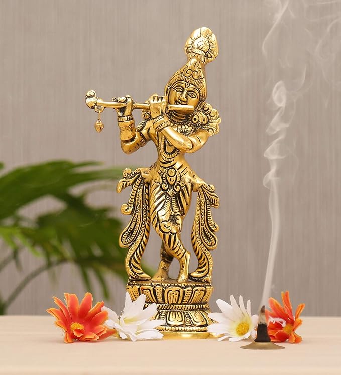 KridayKraft Lord Krishna Metal Statue,Krishna Murti Playing Flute for Temple Pooja,Decor Your Home,Office & Gift Your Relatives