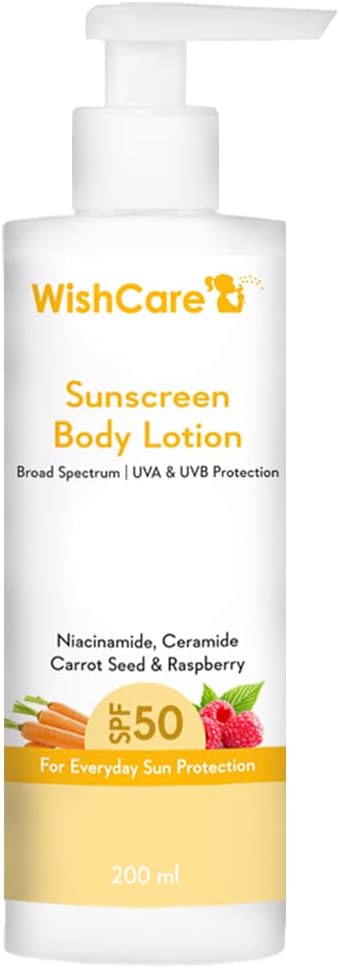 WishCare SPF50 Sunscreen Body Lotion - Broad Spectrum - UVA & UVB Protection with No White Cast - With Carrot Seed & Raspberry - For Men & Women - 200ml