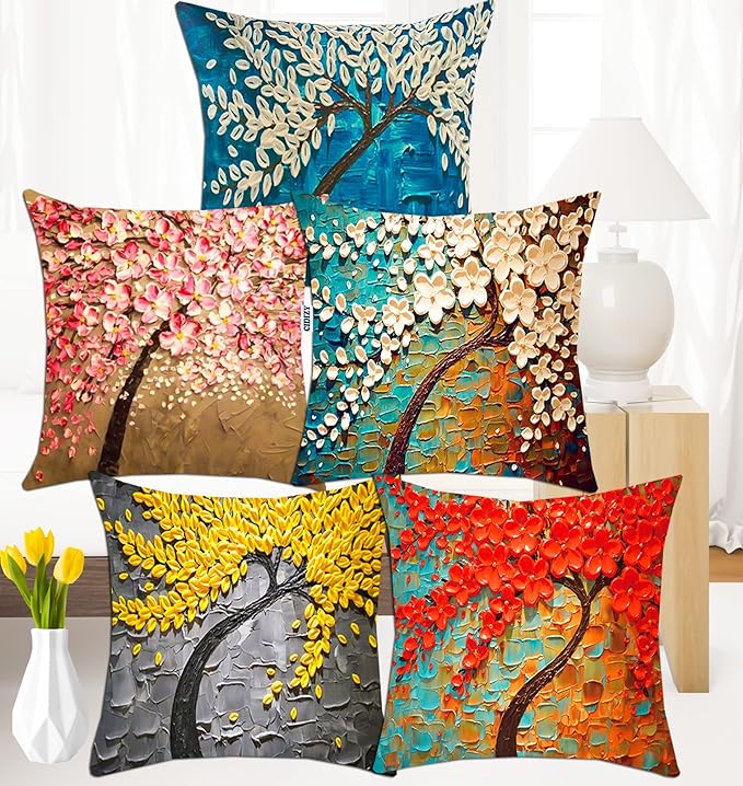 CIDIZY Jute Floral Tree Cushion Covers, 16x16 Inch, Multicolour, Set of 5