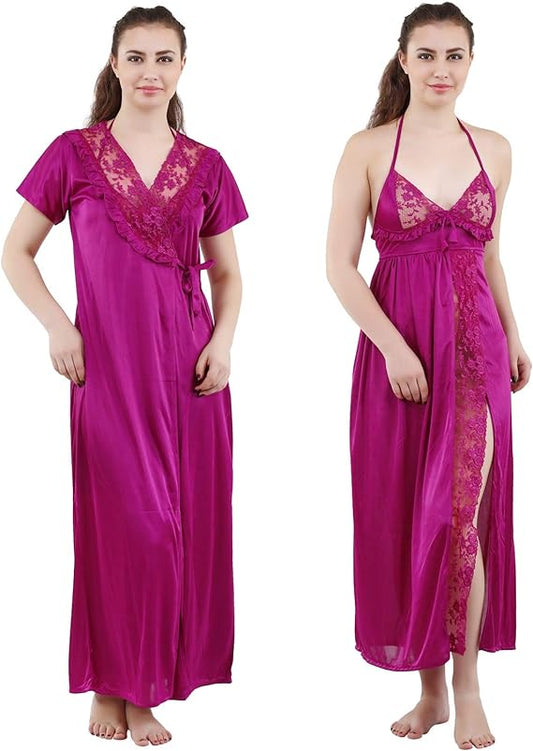 Romaisa Women's Satin Solid Maxi Length Nighty with Robe _Nightwear Set Pack of 2_Free Size