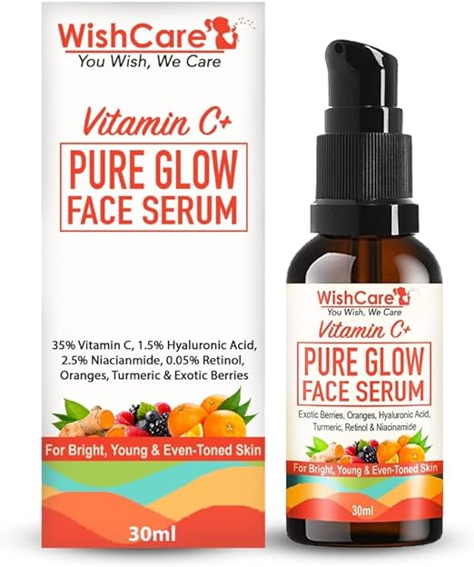 WishCare Pure Glow 35% Vitamin C Face Serum - With Hyaluronic Acid, Retinol, Niacinamide, Oranges, Berries & Turmeric - For Glowing, Bright, Young and Even Toned Skin - 30 ml