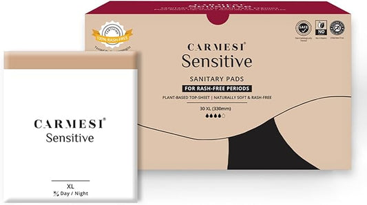 Carmesi Sanitary Pads Rash - Free Organic Sanitary Pads For Women - Extra Large 100%Certified By Gynecologist Natural Plant Based Top Sheet No Fragrance, No Chlorine -With Disposal Bags(Pack Of 30 XL)