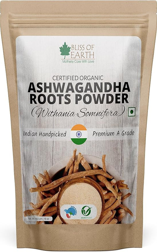 BLISS OF EARTH USDA Organic Ashwagandha Root Powder For Height Growth & Stress Relief  453g