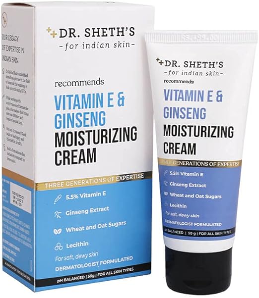 Dr. Sheth's Vitamin E & Ginseng Face Moisturizer Cream for Instant Hydration | Non-Greasy, Fast-Absorbing | Deeply Nourishes & Repairs Damage | For Women & Men | 50g