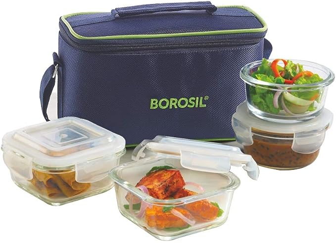 Borosil ITSQ32RN24UEC Glass Universal Lunch Box Set of 4, (2pcs 320 ml square + 2pcs 240 ml Round) Microwave Safe