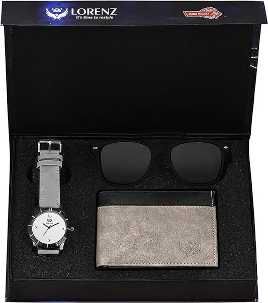 LORENZ Gift Box Combo of Men's Grey Dial Analog Watch, Grey Wallet & Black Wayfarer Sunglasses, Black,