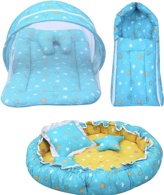 Infantbond Baby Sleeping Essential Reversible Nest | Mattress with Net | Carry Bag(0-6 Months) (Blue)