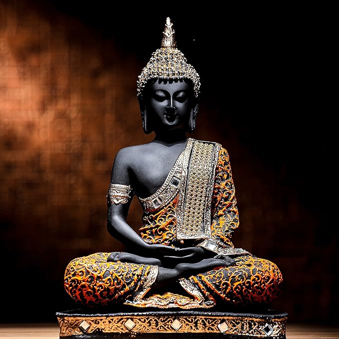 Global Grabbers Sitting Buddha Idol Statue Showpiece (Orange and Black)