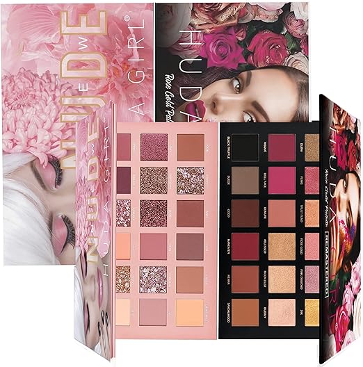 HUDA GIRL Beauty Rose Gold Remastered + Nude Edition Eyeshadow Palette Combo Kit - 36 Matte and Shimmer Finishes, Includes Black Eyeshadow - Complete Eye Shadow Palette Set