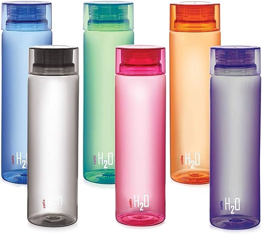 Cello H2O Round Unbreakable Plastic Water Bottle | Lid is sealed by a silicone ring | 1 Liter | Assorted, Set of 6