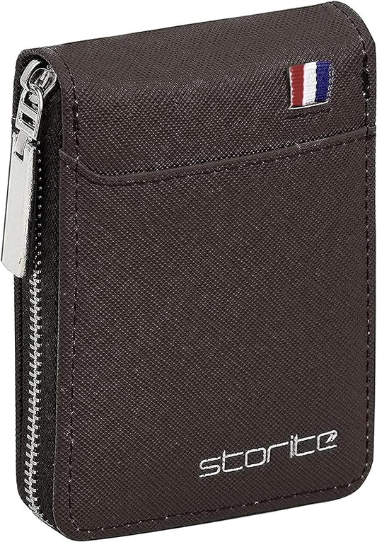 Storite 9 Slot Vertical PU Leather Credit Debit Card Holder Money Wallet Zipper Coin Purse -Chocolate Brown