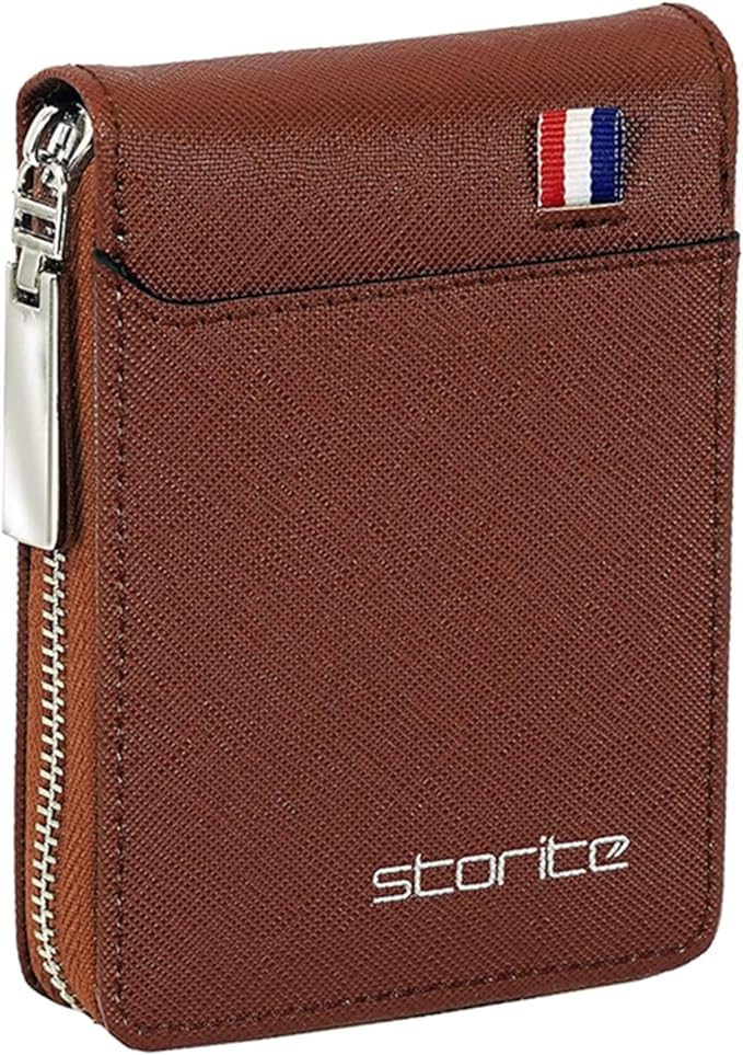 Storite PU Leather 9 Slot Vertical Card Holder Money Wallet Zipper Coin Purse for Men Women -Light Brown,