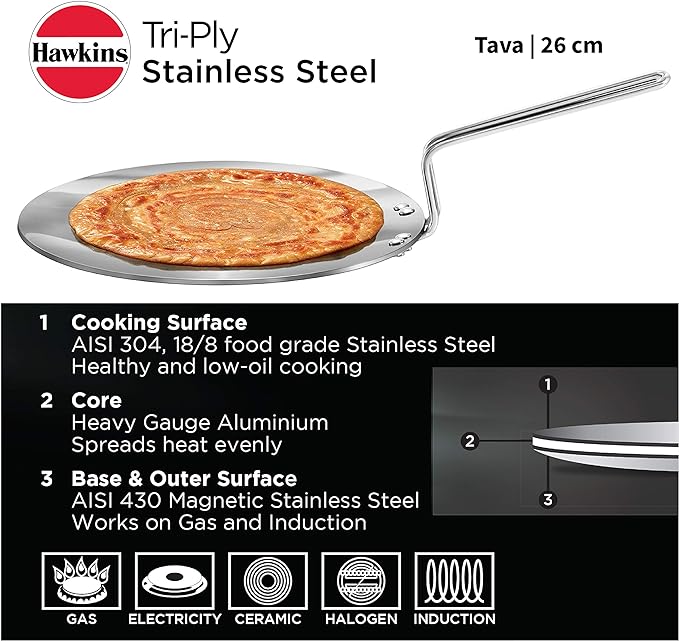 Hawkins Tri-Ply Stainless Steel Tava 26 cm, 3.5mm Induction Compatible