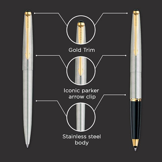 Parker Galaxy Gold Trim Ball Pen with Free Card Holder (Stainless Steel)