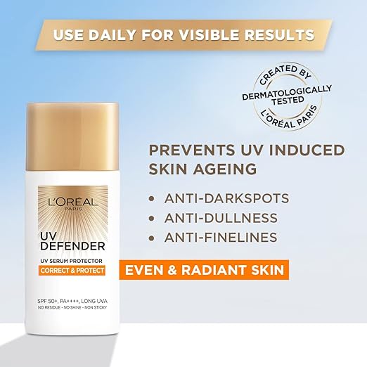 L'OREAL PARIS UV Defender Serum Protector Sunscreen SPF 50 PA+++, Correct & Protect | Non-Greasy, Anti-Ageing Sunscreen With Vitamin C | UVA & UVB Protection, 50 ml