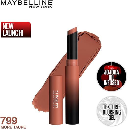 Maybelline New York Lipstick, Matte Finish, Bold Colour, Enriched With Jojoba Oil, Color Sensational Ultimattes, 799 More Taupe, 1.7 g