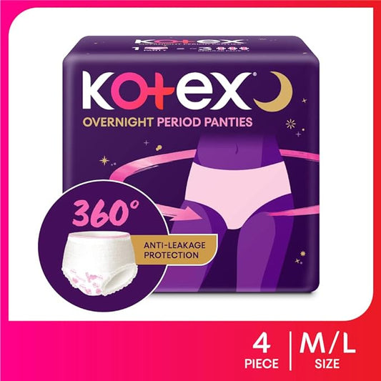 Kotex Overnight Period Panties (Medium/Large size, pack of 4 panties) for heavy flow period protection | with 360 degree anti-leakage  design & airy-soft fabric