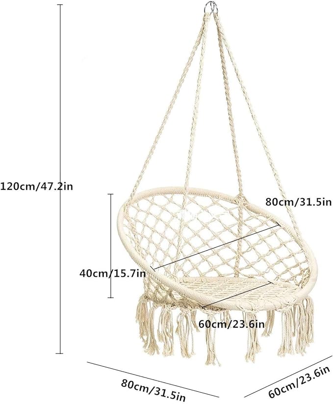 Hammock Chair Macrame Swing, Hanging Cotton Rope Macrame Hammock Swing Chair for Indoor, Outdoor Home, Patio, Porch, Deck, Yard, Garden, Max Weight: 260 Pounds (Beige)