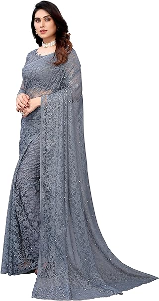 Yashika Womens Solid Net Saree With Blouse Piece