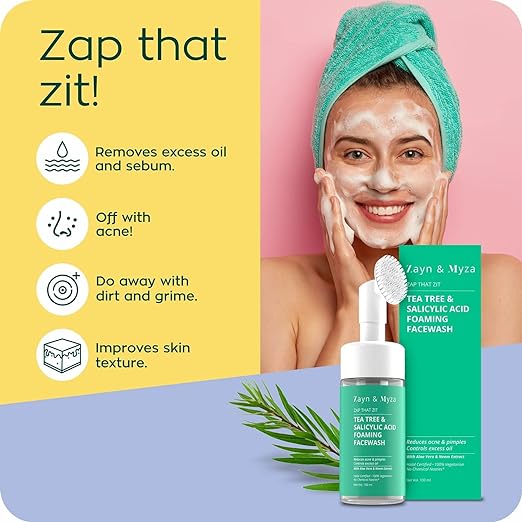 ZM Zayn & Myza Zayn & Myza Tea Tree & Salicylic Acid Foaming Face wash, Aloe Vera & Neem Extracts, Reduces Acne, Pimples, 100 ML