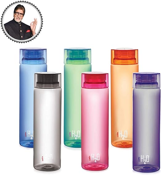 Cello H2O Round Unbreakable Plastic Water Bottle | Lid is sealed by a silicone ring | 1 Liter | Assorted, Set of 6