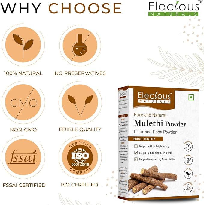 Elecious Mulethi Powder For Body, Skin, Face and Hair (200g), Skin Whitening | Yashtimadhu Powder, Liquorice Powder for Eating