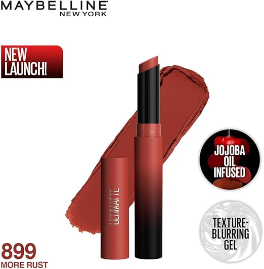 Maybelline New York Lipstick, Matte Finish, Bold Colour, Enriched With Jojoba Oil, Color Sensational Ultimattes, 899 More Rust, 1.7 g