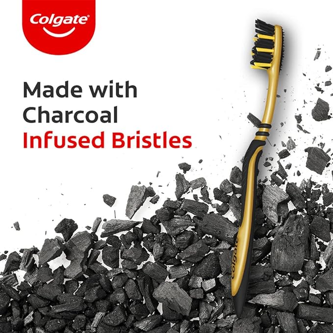 Colgate ZigZag Charcoal Medium Bristle Manual Toothbrush for adults - 4 Pcs, Removes Germs in Between Teeth, Soft-tongue cleaner, Antibacterial bristles