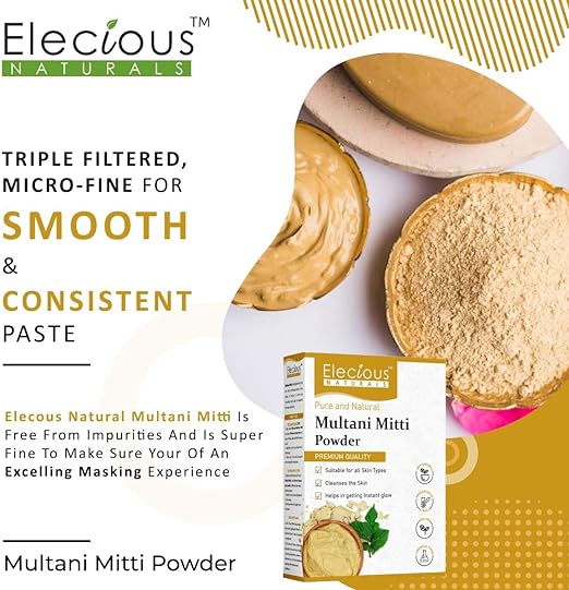 Elecious 100% Natural Multani Mitti powder for Face, Skin and Hair| Fuller's Earth, Bentonite Clay (200 Grams)