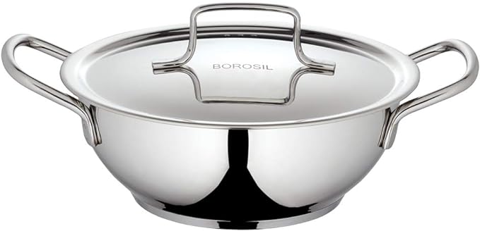 Borosil Stainless Steel Kadhai With Lid, Induction Friendly, Impact Bonded Tri-ply Bottom, 1.8 L