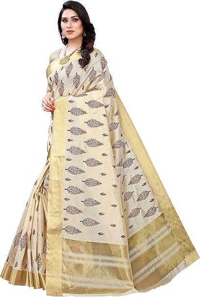 Yashika Womens Cotton Blend Saree With Blouse Piece, Free Size, Off-White