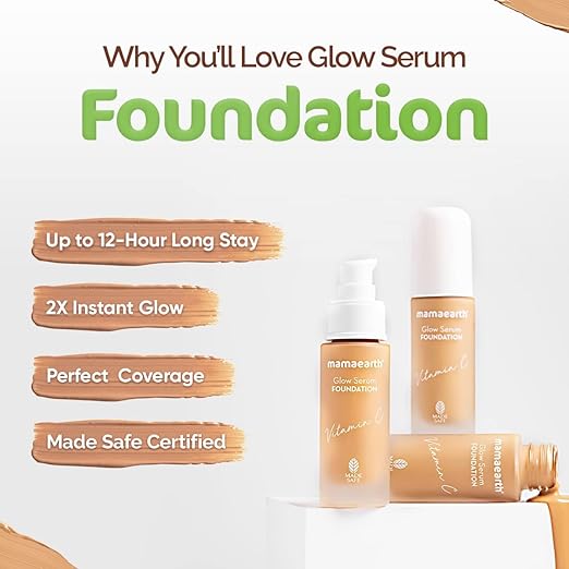 Mamaearth Glow Serum Foundation Lotion with Vitamin C & Turmeric for 12-Hour Long Stay- 02 Crème Glow - 30 ml Dewy Finish