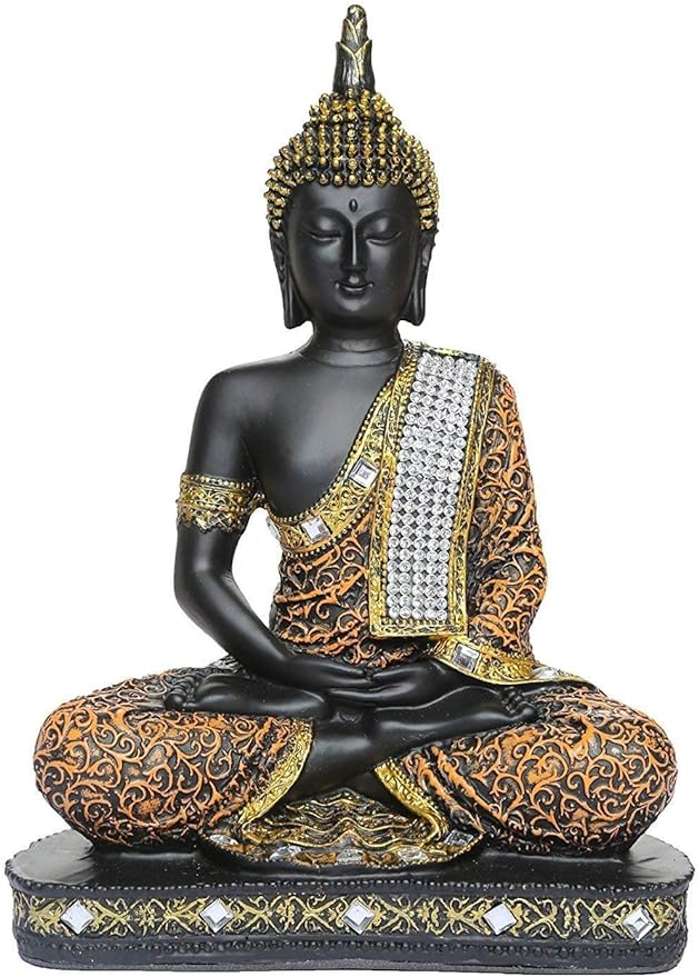 Global Grabbers Sitting Buddha Idol Statue Showpiece (Orange and Black)